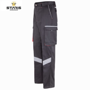 Dark gray cargo work pants with a large side pocket, reflective chevron on the leg, red stitching, and Staris Workwear logo.