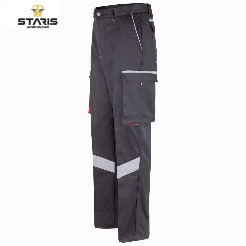 Dark gray cargo work pants with a large side pocket, reflective chevron on the leg, red stitching, and Staris Workwear logo.