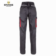 Dark gray work pants with multiple pockets, red zippered side panels, and an elastic waistband; Staris Workwear logo in the top left corner.