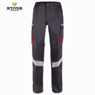Dark gray cargo work pants with red zipper pulls and reflective bands on the lower legs, Staris Workwear logo on the top left.