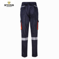 Navy work pants with elastic waistband, cargo pockets, red zipper pockets on the thighs, and reflective bands around the lower legs.