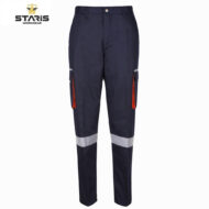 Navy work pants with red zip pockets on the thighs, reflective bands around the lower legs, and a button waist; STARIS Workwear logo in the corner.