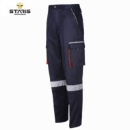 Navy work pants with reflective bands around the legs and a cargo pocket with red zipper detail (Staris Workwear).