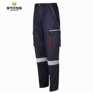 Navy work pants with reflective bands around the legs and a cargo pocket with red zipper detail (Staris Workwear).