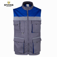 Grey and blue multi-pocket work vest with zip front and large cargo pockets, Staris Workwear logo in corner, sleeveless design for utility.