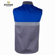 Back view of blue and gray sleeveless work vest with a light gray reflective stripe across the midsection; Staris Workwear logo in the top-left corner.