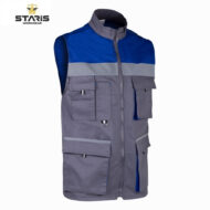 Blue and gray Staris workwear utility vest with multiple front pockets and a full front zipper, sleeveless design for tool storage