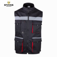 Black sleeveless work vest with a gray reflective stripe across the chest and multiple cargo pockets with red interior lining