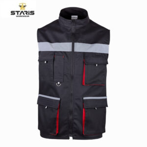 Black sleeveless work vest with a gray reflective stripe across the chest and multiple cargo pockets with red interior lining