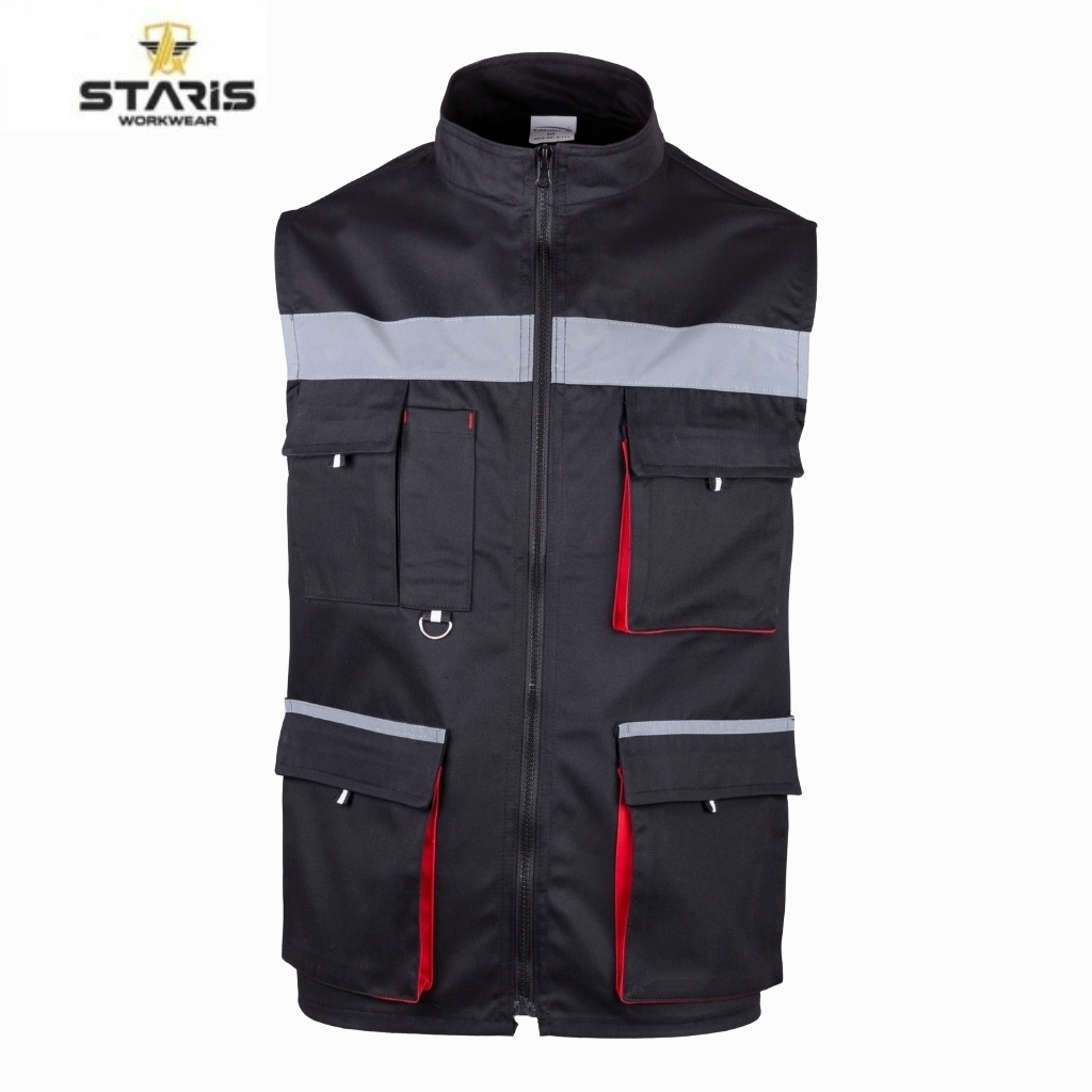 Black sleeveless work vest with a gray reflective stripe across the chest and multiple cargo pockets with red interior lining