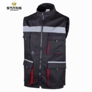 Black work vest with reflective gray chest stripe, multiple pockets and red interior lining along the zipper track.