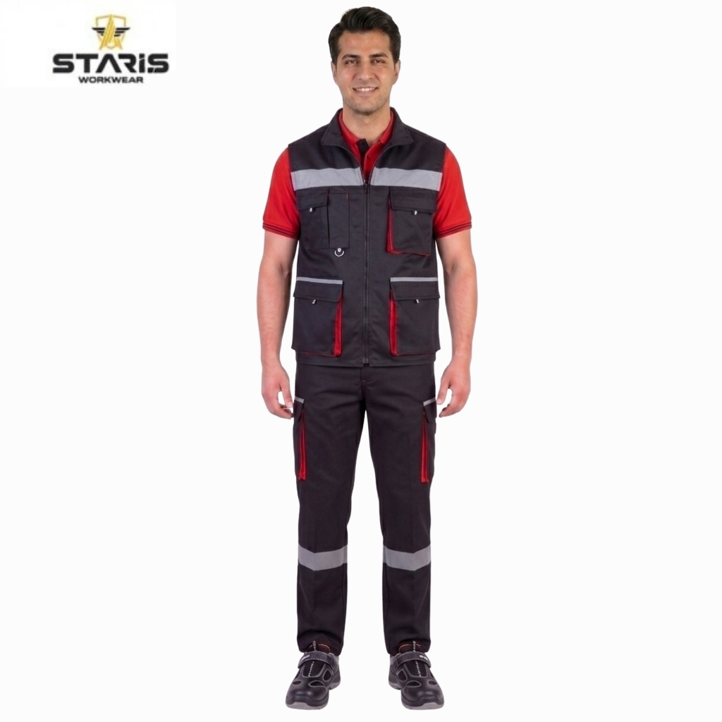 Man wearing a black utility vest with red trim and multiple pockets, red polo underneath, reflective bands on chest and legs, standing neutral.