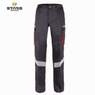Dark gray cargo work pants with red zippers and light gray reflective bands around the lower legs, by Staris Workwear