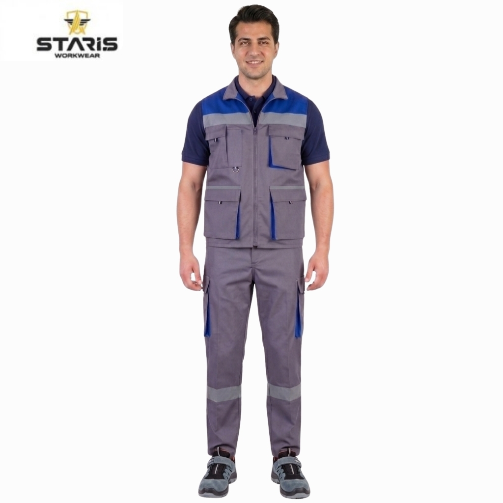 Man wearing a grey and blue Staris workwear vest with multiple pockets, standing against a white background.