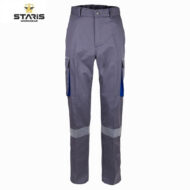Grey cargo work pants with blue zippered side pockets and reflective bands above the ankles, Staris Workwear logo in corner