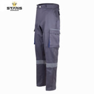 Grey cargo work pants with front and side pockets, belt loops, and reflective bands at the cuffs (Staris Workwear).