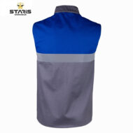 Back view of a blue and gray safety vest with a reflective band, branded Stars Workwear in the top-left corner