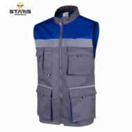 Staris Workwear sleeveless work vest in blue and gray with multiple utility pockets and zip front