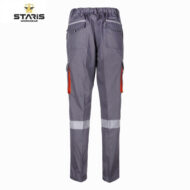 Gray Staris workwear pants with cargo pockets, red zipper pulls, and reflective leg bands.