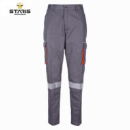 Grey work pants with reflective bands around the lower legs and orange zipper pulls on cargo pockets, front view. (Staris Workwear logo in corner)
