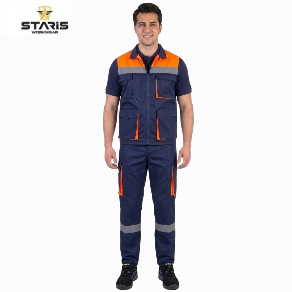 Model wearing Staris workwear: navy blue protective outfit with orange panels, multiple pockets, and gray reflective bands on the lower legs, black shoes.