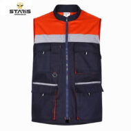 Navy blue and orange high-visibility work vest with reflective stripe and multiple pockets on front