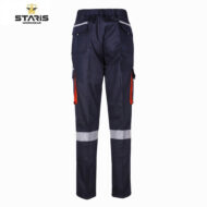 Navy work pants with a reflective gray band around the lower legs and orange zipper pockets; elastic waistband; Staris Workwear logo in the top-left corner.