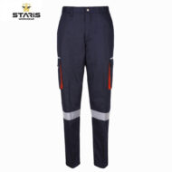 Navy cargo work pants with reflective knee bands and orange zipper pulls, Staris Workwear branding in the corner