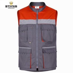 Grey and orange high-visibility work vest with reflective chest stripe and multiple front pockets, zipper front, Staris Workwear branding logo nearby