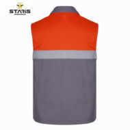 Back view of a high-visibility sleeveless vest: bright orange upper section, gray lower section with a light-gray reflective band across the chest area.