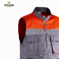 Orange and gray sleeveless work vest with front zipper and multiple pockets for tools or accessories (Staris Workwear).