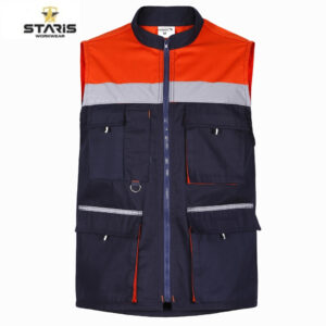 Navy blue work vest with orange upper section, light gray reflective stripe, and multiple pockets with zippers.