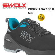 Black SWOLX safety shoe with teal lining and gray sole, featuring ESD badge on the side.