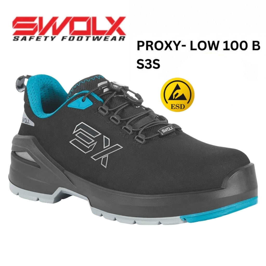 SWOLX Proxy Low 100 S3S safety shoe, black with blue interior, rugged gray sole and ESD badge