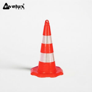 Orange traffic cone with two reflective white bands on a white background; Evelux Tech logo appears in the top-left corner.