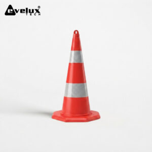 Red traffic cone with two reflective bands, on a white background; Evelux Tech logo in the top-left corner. It conveys safety/traffic control.