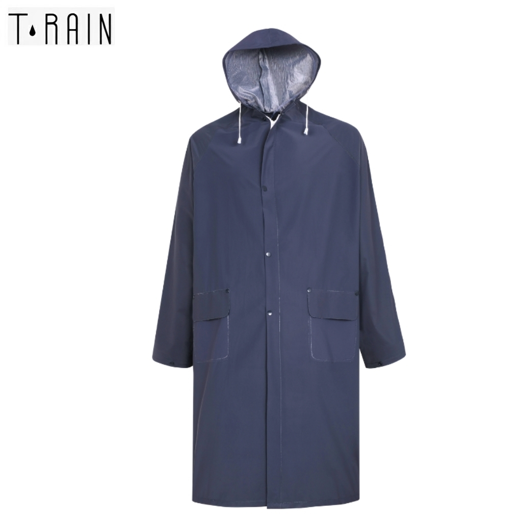 Navy raincoat with a hood, front snap buttons, and two large front pockets—mid-length rain protection for adults.