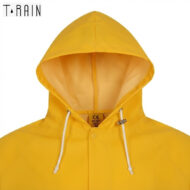 Bright yellow hooded rain jacket with white drawstrings, shown from the chest up.