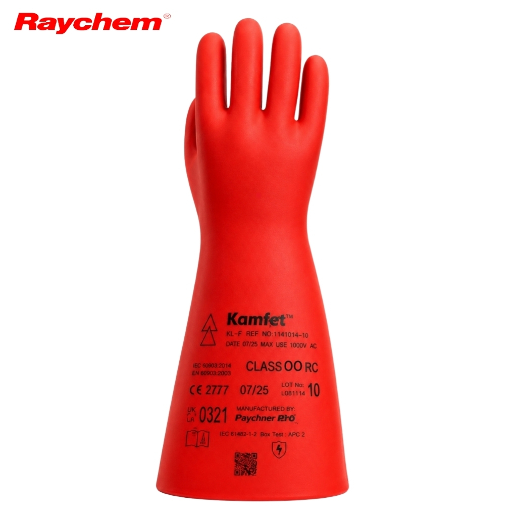 Red protective rubber glove with Raychem Kamfet branding for electrical safety (Class 00 RC).