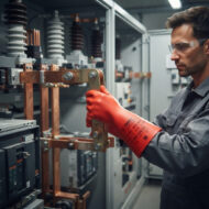 Electrical technician wearing safety goggles and a red glove adjusts a copper busbar inside a switchgear cabinet.