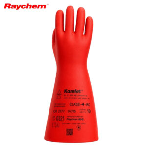 Red rubber electrical safety glove with Raychem branding on a white background, labeled Class-4 RC and high-voltage use.