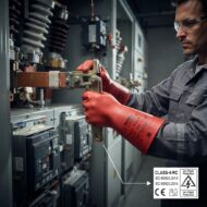 Electrical technician in safety gear tightening a copper busbar inside a control panel.