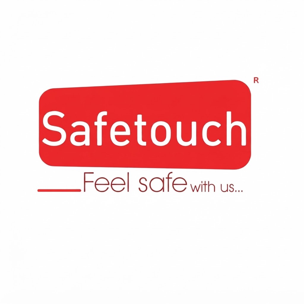 Safetouch logo: red rounded rectangle with white 'Safetouch' text and the tagline 'Feel safe with us...'.