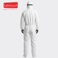 Back view of a white protective coverall with hood, elastic waist and cuffs, by Safetouch.