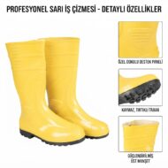 Two tall yellow rubber rain boots standing side by side with black soles, for wet weather use.