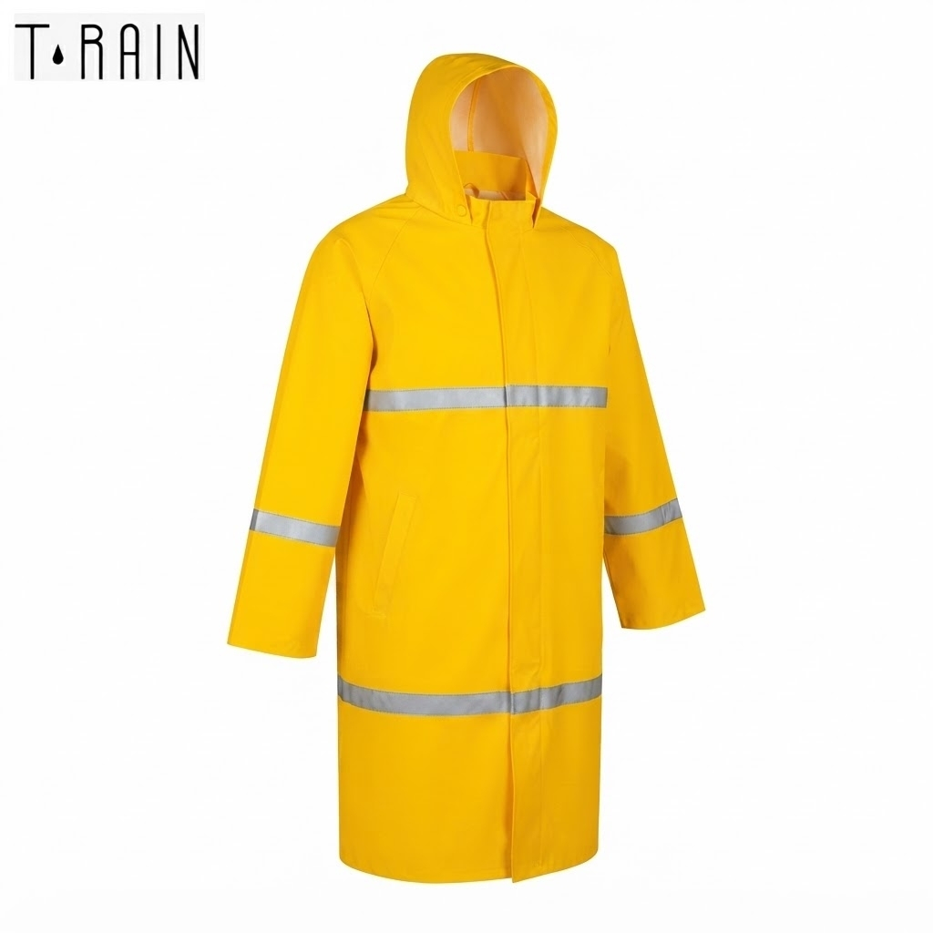 Bright yellow raincoat with hood and reflective stripes across the chest, arms, and hem as a visibility jacket.