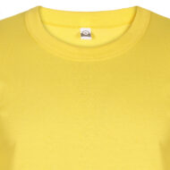Close-up of a bright yellow crew-neck T-shirt fabric with a size Small tag at the neckline.
