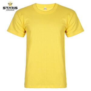 Yellow crew-neck short-sleeve T-shirt with Staris Workwear logo in the top-left corner.