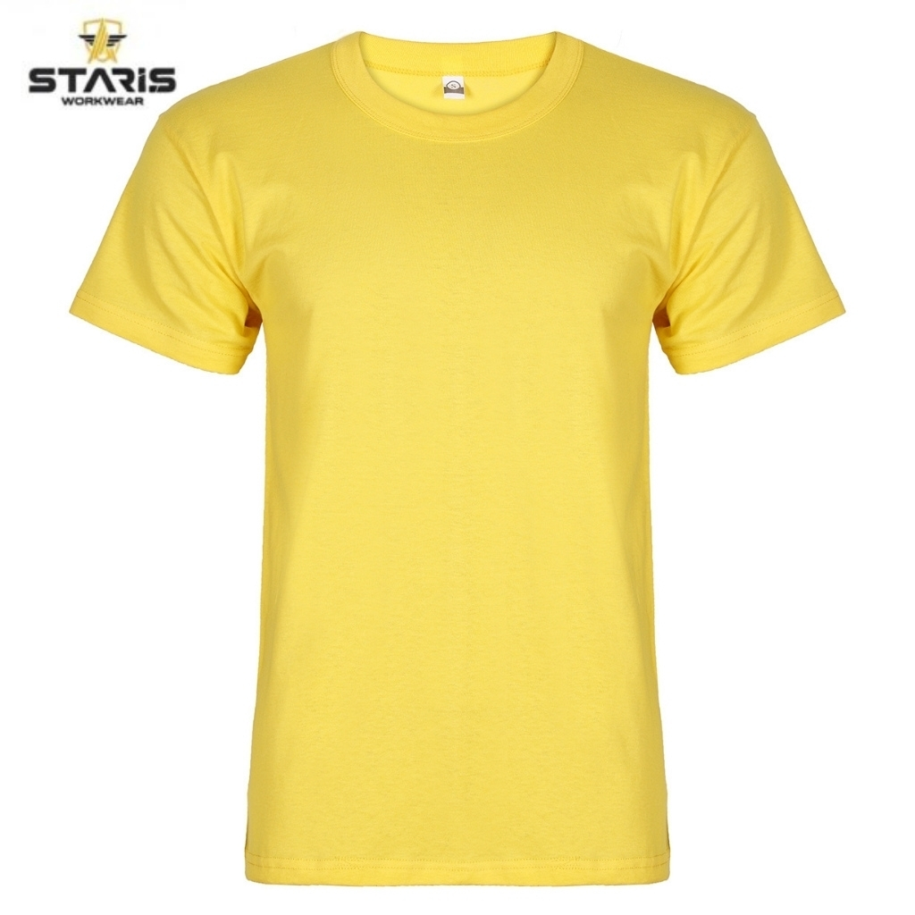 Yellow crew-neck short-sleeve T-shirt with Staris Workwear logo in the top-left corner.