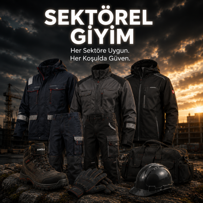 Three industrial work outfits on display with boots, gloves and a hard hat, set against a construction site at sunset; large text reads “SEKTÖREL GİYİM.”